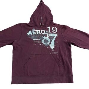 Vtg Y2K Mens XL Purple Aeropostale Logo Pullover Hoodie Grunge Skater Distressed